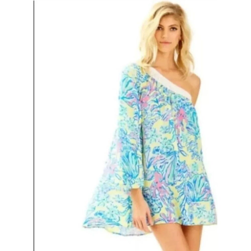 Lilly Pulitzer Women's Shealyn Off Shoulder Pink Green Summer Swim Cover Up XS